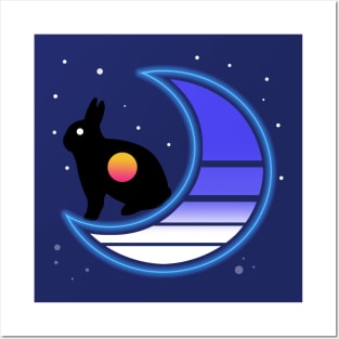 Synthwave Rabbit in the Moon (transparent) Posters and Art